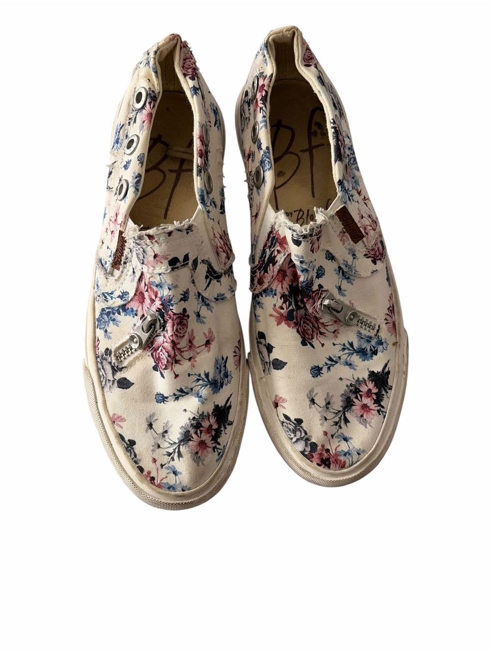 Floral Canvas Slip-On Sneakers in Cream with Pink & Blue Roses
